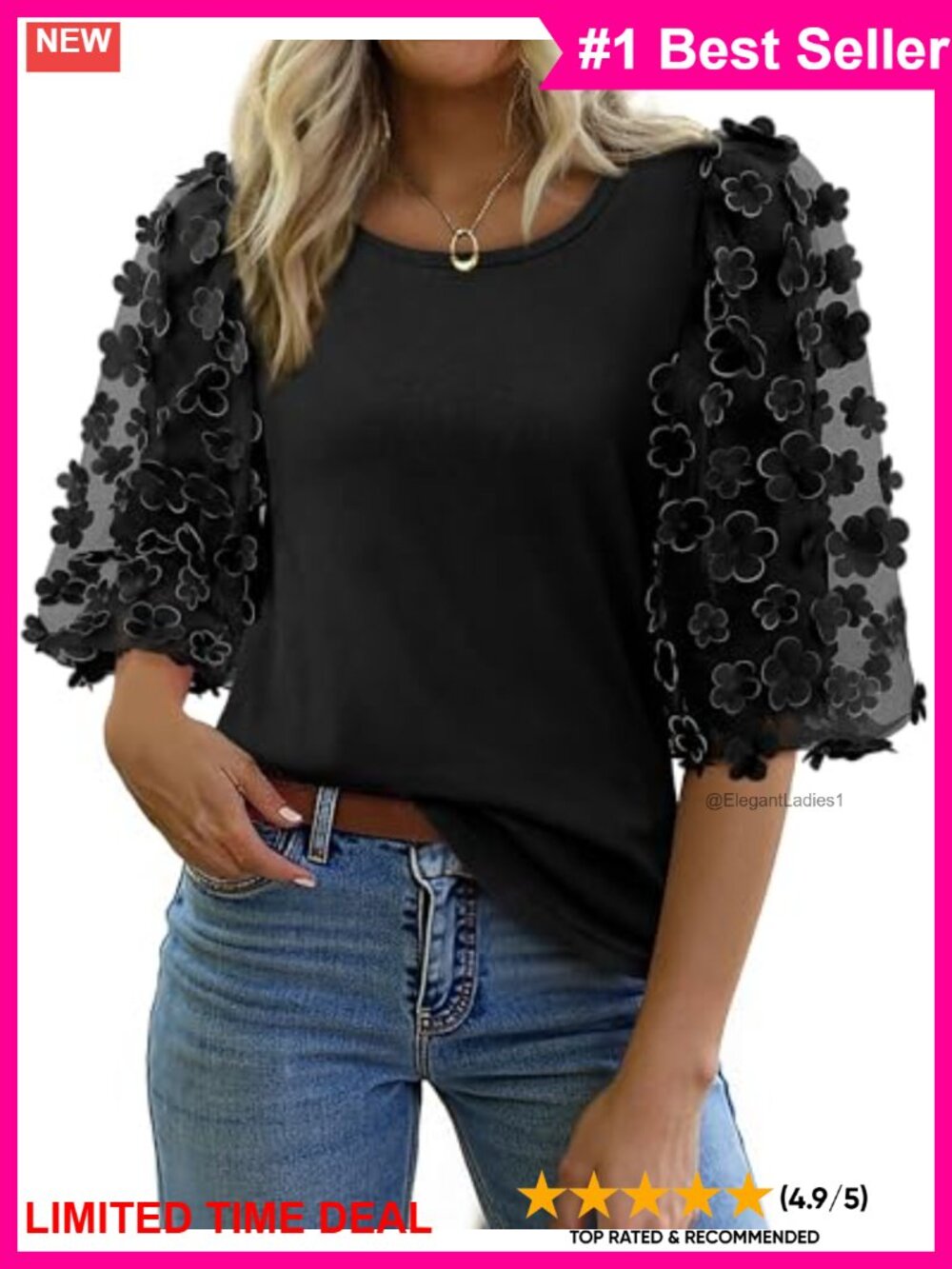 Cotton 3/4 Puff Sleeve Blouse with Mesh Appliques Casual Top